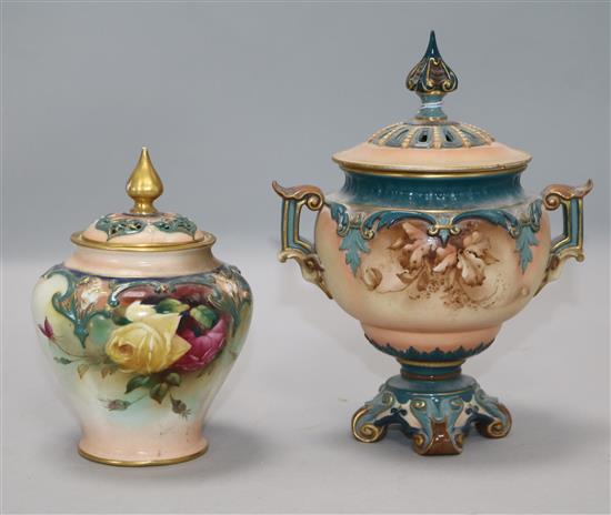 Two Worcester lidded vases 7 & 5in.